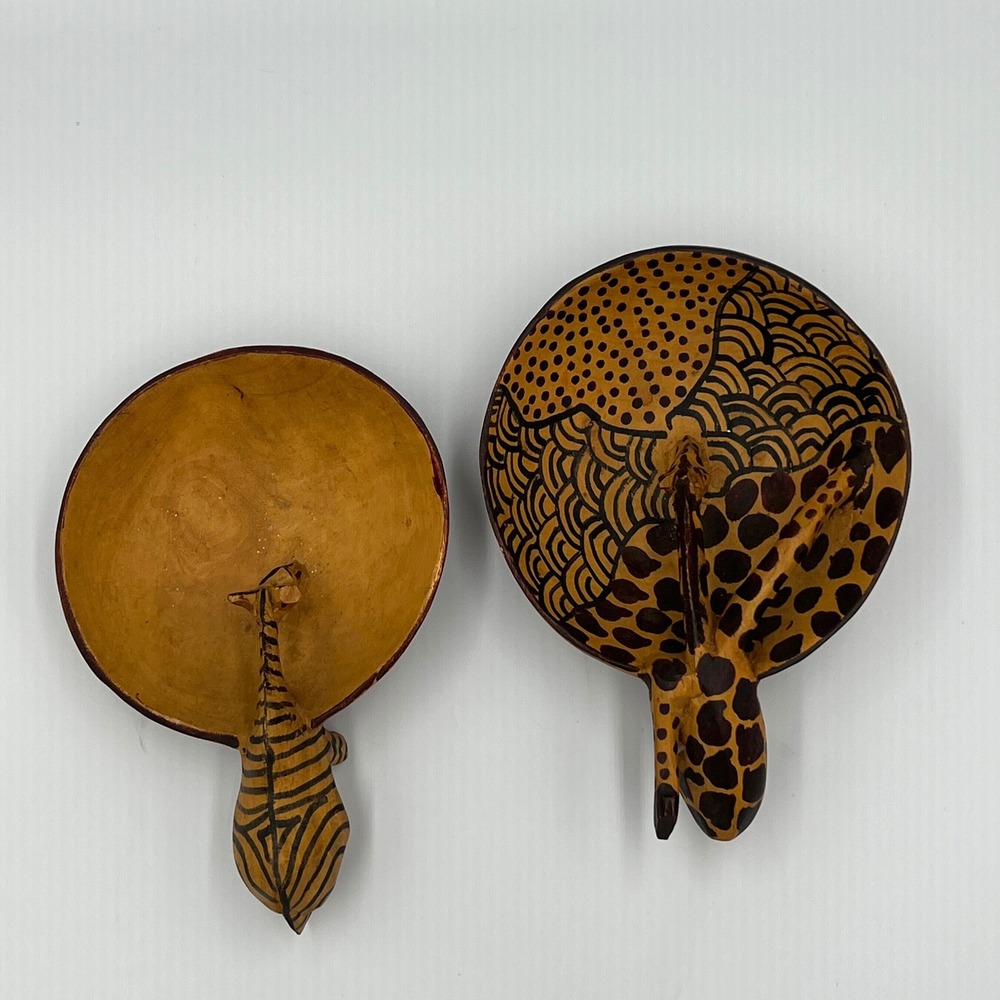 Hand Carved Wooden African Animal‎ Bowls Giraffe Zebra Decorative Dish Set 2pc